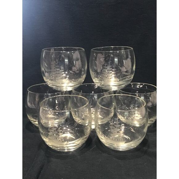 Clipper Roly Poly Scotch Clear Glass, Set/7, Etched Mad Men Style, Boat Vintage - Picture 2 of 6